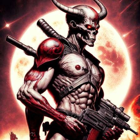 photo, drawing of a demonic looking man holding a gun (MartianWarlord style:1) <lora:djzMartianWarlordV21:0.8>