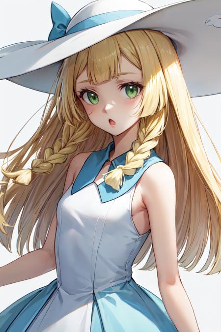 lillie blonde hair, long hair, twin braids, green eyes