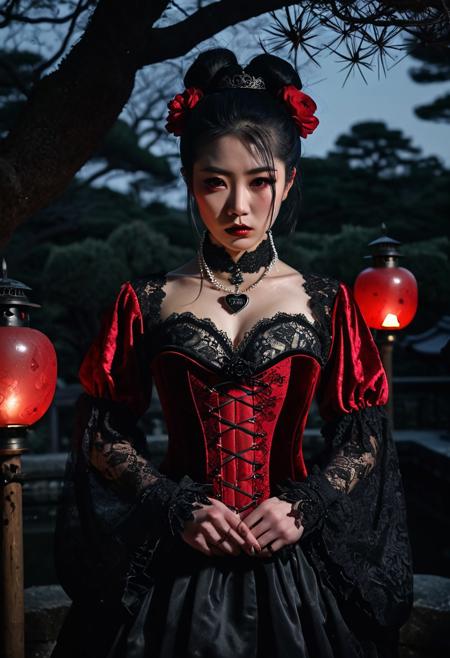 A hauntingly elegant Japanese model stands waist-up in a shadowed Kyoto garden at dusk, where blood-red camellias bloom beneath twisted black pines and stone lanterns flicker with soft candlelight. Her long, jet-black hair is styled into a sleek, high bun adorned with tiny velvet roses and a delicate black lace veil cascading behind her like smoke. She wears a dramatic gothic Valentine couture ensemble: a deep crimson velvet corset with a heart-shaped neckline, tightly cinched and overlaid with intricate black lace in baroque floral patterns. A high, ruffled lace collar frames her neck, fastened with a silver choker bearing a black rose pendant. Semi-sheer bishop sleeves billow from her arms, ending in sharp satin cuffs tipped in metallic thorns. The lighting is moody and romantic cool shadows cut by warm candle glow evoking a dark fairytale. She gazes directly into the lens, serene and commanding, like a vampiric empress in full bloom.
