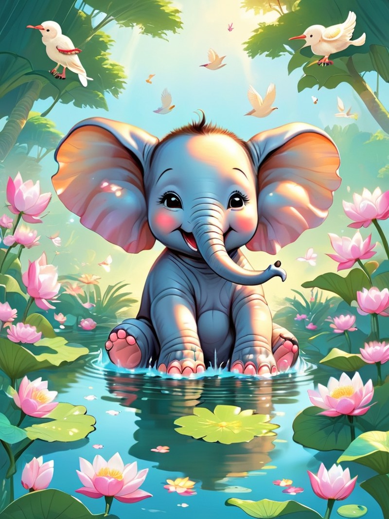 An adorable depiction of a baby elephant taking a bath in a small pond, playfully spraying water with its trunk, surrounde...