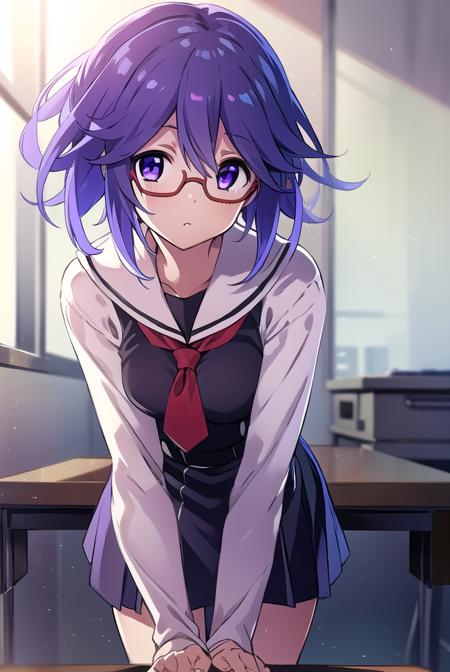 hanakazuki, <lyco:hanakazukiLYCORIStest:1>,
hana kazuki, short hair, hair between eyes, (purple eyes:1.1), purple hair,  glasses,
BREAK long sleeves, dress, school uniform, necktie, black dress, short dress, red necktie,
BREAK looking at viewer, hands behind head,
BREAK indoors, classroom,
BREAK <lora:GoodHands-vanilla:1>, (masterpiece:1.2), best quality, high resolution, unity 8k wallpaper, (illustration:0.8), (beautiful detailed eyes:1.6), extremely detailed face, perfect lighting, extremely detailed CG, (perfect hands, perfect anatomy),