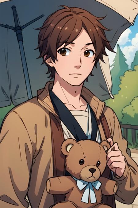 masterpiece, best quality, sketch, 1boy, solo, male focus, looking at viewer, upper body, depth of field, , realistic, <lora:keiichi_katakura:0.74>, keiichi_katakura, brown hair, brown eyes, teddy bear costume, medieval europe,