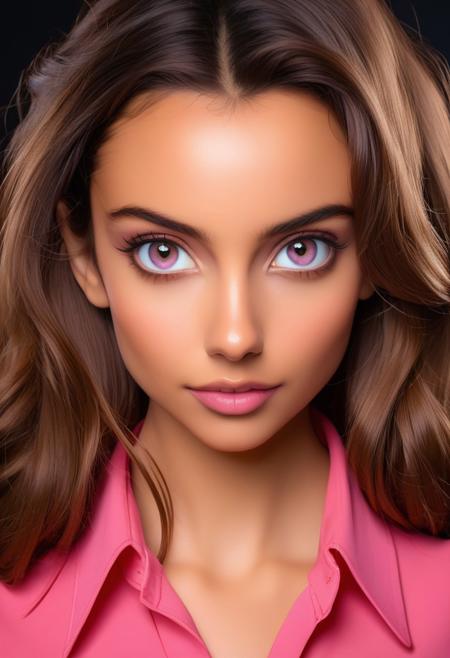 closeup portrait of a stunning lady, neutral expresson, expressive eyes, pink shirt, black background.
liborina