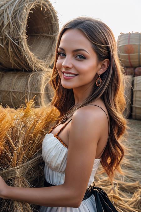 MenaS_SoloTI_v1,
(Drapped in a vibrant orange pumpkin ensemble, adorned with intricate carvings, evoking the spirit of harvest and magic), (A rustic autumn festival, with hay bales and cornstalks lining the path, alive with laughter and the scent of spices:1.3), 
 <lora:add_detail:0.6>, PA7_Portrait-MCU,