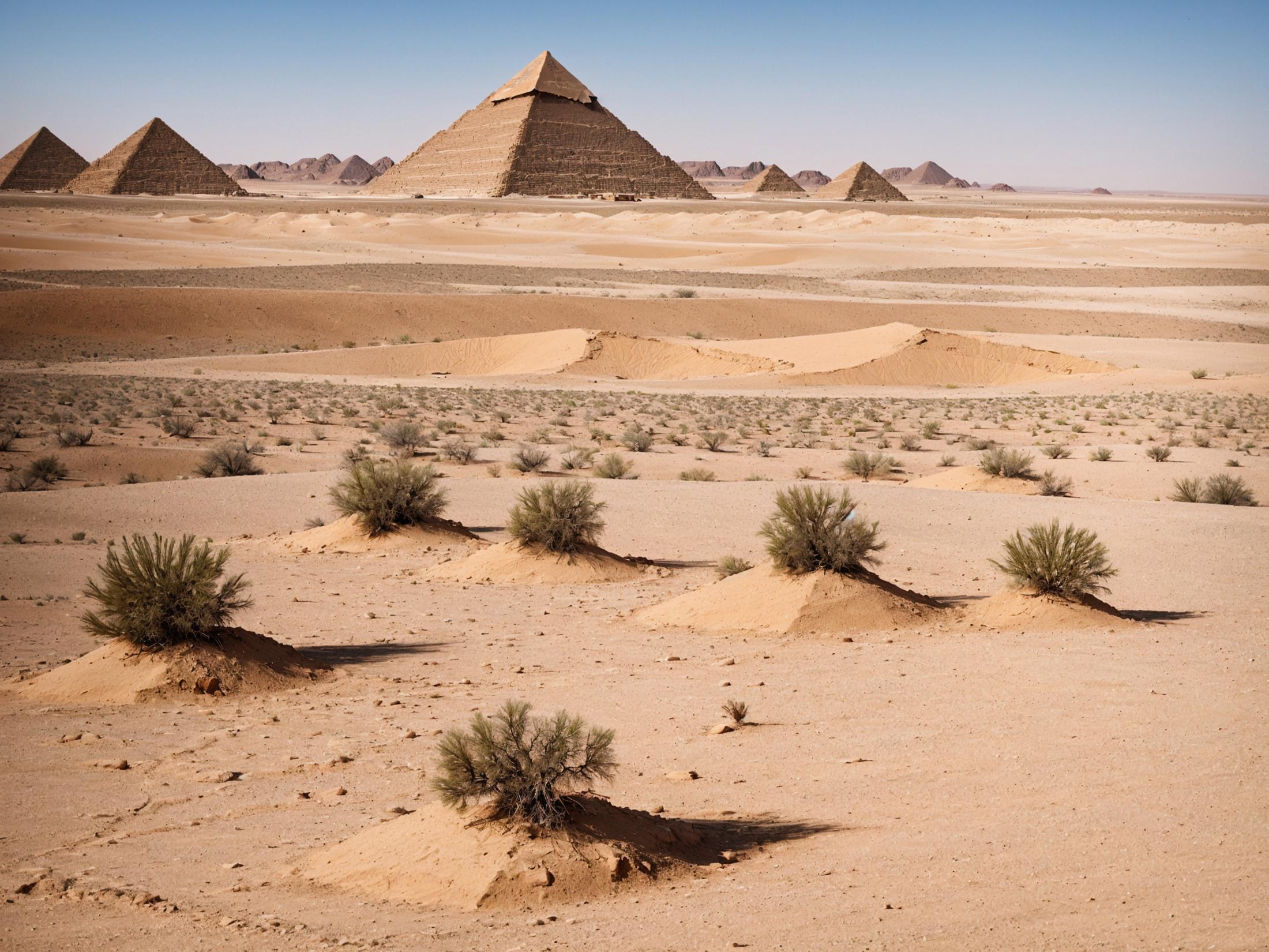 A Dry Desert Landscape with Ancient Pyramids in the Distance