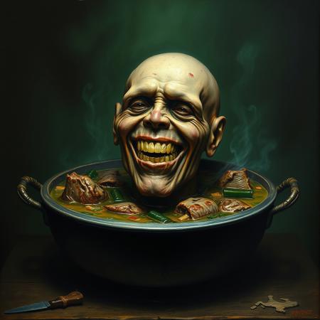 1800's macabre baroque matte oil painting of the smiling head of a diseased leper floating in a bubbling meat stew in a cast iron cauldron, art style of John Martin, Bosch, Goya, macabre, eerie vibe, green hue, occult, esoteric, satanic, unnerving, traumatic, claustrophobic, black magic, chiaroscuro, carvaggio, cannibalism, biblical art