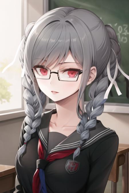 Masterpiece, Best Quality,  <lora:PekoDG:1>, 1girl, black serafuku, black shirt, breasts, collarbone, glasses, hair ribbon, looking at viewer, ribbon, school uniform, serafuku, solo, upper body, white ribbon