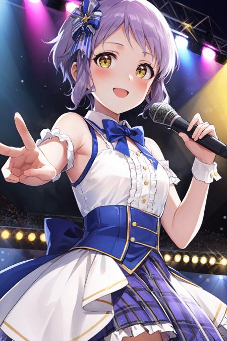 (masterpiece, best quality:1.4), looking at viewer, cowboy shot, smile, blush, mizuki makabe, purple hair, short hair, yellow eyes, frilled dress, bow tie, singing, microphone, outdoors, night, stage lights, reaching, <lora:mizuki_makabe_v1:0.7>