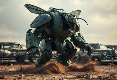 "Create an 8k, hyper-realistic rendering of an Ancient Gear Golem robot, inspired by Bumblebee, with a dark green color scheme. The robot should be made of wooden armor plating, with intricate details and the golden ratio in mind. It should be positioned as if kicking up dirt in a battletech style setting, surrounded by scrap cars. The rendering should have dramatic lighting and display lifelike textures, such as freckled skin, for added realism. Niels Lergaard's style should be emulated."
