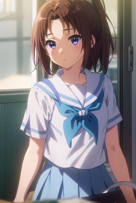 natsukinakagawa, <lora:natsuki nakagawa s2-lora-nochekaiser:1>,
natsuki nakagawa, nakagawa natsuki, long hair, brown hair, (purple eyes:1.2), ponytail, (parted bangs:1.5),
BREAK skirt, shirt, school uniform, white shirt, short sleeves, pleated skirt, serafuku, sailor collar, blue skirt, neckerchief, blue sailor collar, school bag, blue neckerchief, kitauji high school uniform,
BREAK indoors, classroom,
BREAK looking at viewer, (cowboy shot:1.5),
BREAK <lyco:GoodHands-beta2:1>, (masterpiece:1.2), best quality, high resolution, unity 8k wallpaper, (illustration:0.8), (beautiful detailed eyes:1.6), extremely detailed face, perfect lighting, extremely detailed CG, (perfect hands, perfect anatomy),