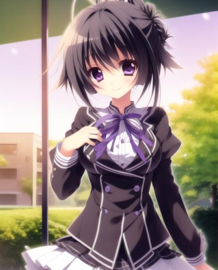 1girl, black hair, short hair, (tied hair:1.2), antenna hair, purple eyes, smile, happy, school uniform, slender, small breasts, light on eyes,<lora:yutsuki1:0.8>,