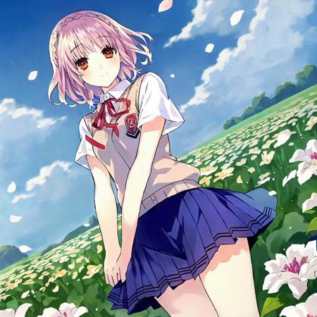 <lora:linmi:1>,1girl, original, (masterpiece), (illustration), (extremely fine and beautiful), perfect detailed, photorealistic, (beautiful and clear background:1.25), (depth of field:0.7), bow, hat flower, skirt, bottomless, standing, clothes lift, short hair, looking at viewer, full body, 1girl, breasts, school uniform, neck ribbon, pantyhosesky, cloud, day, flower, petals, flower field