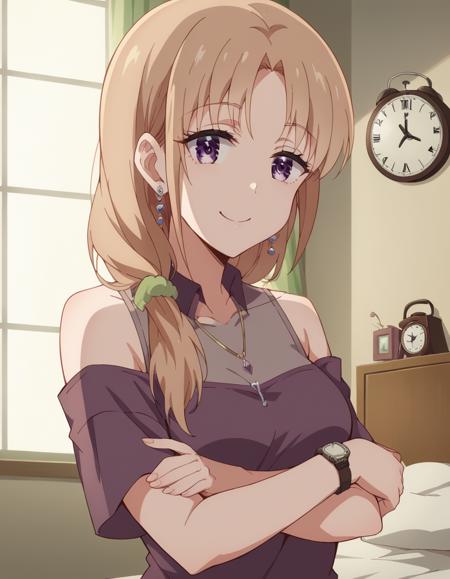 akiko ayase, long hair, blonde hair, brown hair, purple eyes, scrunchie, hair over shoulder, medium breasts, shirt, bare shoulders, jewelry, earrings, necklace, off shoulder, watch, wristwatch