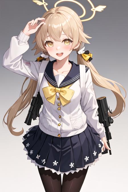 best quality, masterpiece, highres, solo, {hifumi_bluearchive:1.15}, long_hair, twintails, low_twintails, halo, yellow_eyes, light_brown_hair, blush, open_mouth, bangs, smile, collarbone, 1girl, assault_rifle, gun, looking_at_viewer, rifle, school_uniform, weapon, bag, bullpup, simple_background, hair_ornament, pantyhose, black_pantyhose, skirt, ribbon, blonde_hair