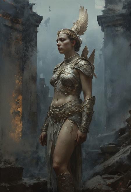 masterful painting in the style of Anders Zorn | Marco Mazzoni | Yuri Ivanovich Pimenov, oil on canvas,
adaptive and halcyon atmosphere with dispersion, refined details, cloud, ruins city in the air, Athena the  ancient greek Goddess, grunge armour, 
(brown and ivory dark blue colors:0.1),  (center composition, symmetry:0.1), style by nty, at night, dramatic lights, dynamic shadows, cinematic scene, fog, mist, it's snowing