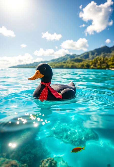 A realistic black rubber bathtub duck, wearing a small, bright red necktie neatly knotted around its neck, floats on the crystal-clear, turquoise waters near a Fijian shore. The midday sun blazes, casting sharp reflections of swaying palm trees and powdery white sand onto the sea’s surface. Tiny waves ripple around the duck, revealing vibrant coral and darting tropical fish beneath. In the background, lush green hills rise under a sky with scattered fluffy cumulus clouds. The duck’s matte finish and the petite tie’s faint gleam enhance the vivid, tropical realism with a touch of playful detail.