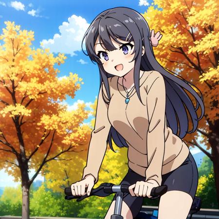 mai-san, sakurajima mai,  <lora:mai:0.7>, 1girl, solo, long hair, blush, smile, open mouth, shirt, black hair, hair ornament, long sleeves, jewelry, purple eyes, :d, outdoors, sky, shorts, day, hairclip, cloud, necklace, tree, blue sky, leaning forward, pink shirt, autumn leaves, riding a bike