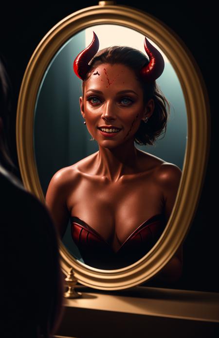 Style-Glass, award winning photo, masterpiece, highest quality, solo focus, woman, (red skin:1.3), demoness, anna kendrick, (demon:1.3) breaking through a mirror, evil grin, by lee jeffries nikon d850 film stock photograph 4 kodak portra 400 camera f1.6 lens rich colors hyper realistic lifelike texture dramatic lighting unrealengine trending on artstation cinestill 800,, 8k, 4k, (highres:1.1), best quality;