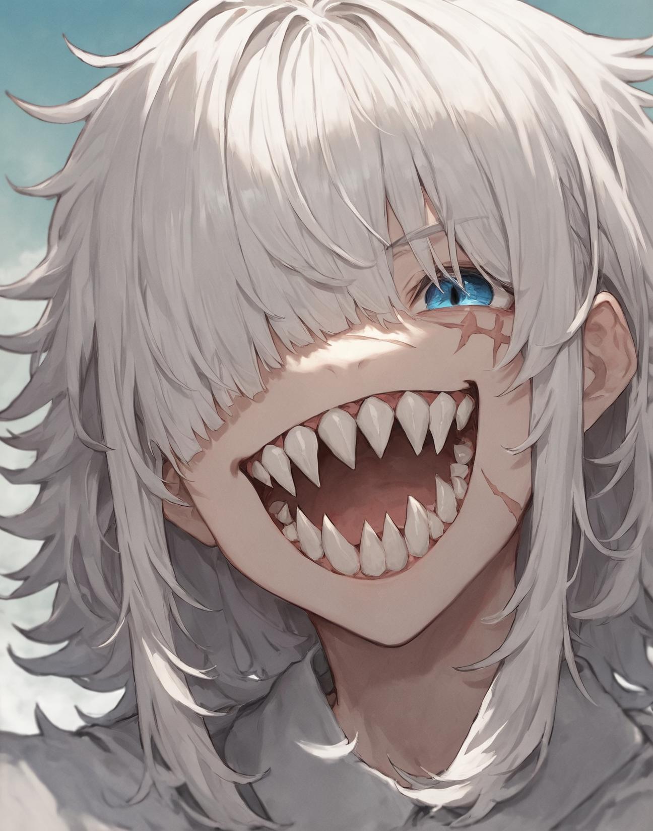 score_9, score_7_up,source_anime,[blue eyes, shines], [silver hair, shines],(bangs over one eyes:1.1),scar under the eye,,Sharp Teeth, <lora:Better Sharp Teeth 3:1> teeth, sharp teeth, smile