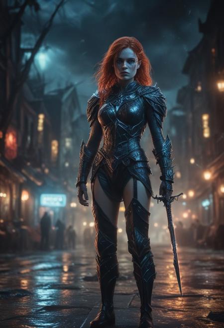 Ultra detailed digital art masterpiece Warrior girl dressed in a Armor, standing in combat pose down the mysterious night street of the big dark fantasy Town, perfect lighting, beautiful Sadie Sink as Warrior girl, attractive woman, elegant, unreal engine 5 nanite quality, mixed with dark elements, dark environment, very dark night, clean dark velour witch clothing, LOTR style, dark washed out eyeliner, no make up, natural bloody face, realistic blue eyes, ultra detailed atmospheric details, beautiful glowing effects, sparkle effects, realistic body proportions, beautiful face proportions, complex masterpiece, wavy red hair, creative glowing detailed tattoos, complex physics, enhanced colors, complimentary colors, ultra detailed raytracing reflections, Ultra detailed complex background, environment feels alive, direct eye contact, dramatic lighting, wet and sweaty skin, beautiful firm Breasts, Concept art portrait by Greg Rutkowski