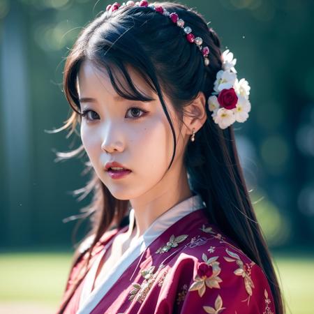 best quality, ultra high res, (photorealistic:1.4),1girl,(((iu))), illustration.media of a hanfugirl, hanfu, beautiful intricacy clothing decorative pattern details, arms behind back, colorful, clear sharp focus, volumetric lighting, soft lights, cinematic lighting, cinematic effects, Intricate details,
<lora:iu:0.9> <lora:lora-hanfugirl-v1-5:0.1>