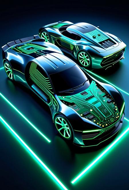 futuristic concept car made of motherboard circuits and electronic components, sleek aerodynamic design, glowing circuit patterns across the chassis, neon blue and green lighting, cyberpunk style vehicle, exposed microchips and wiring, high-tech wheels, advanced technology design, ultra detailed, 4k render, showroom lighting
<lora:CircuitBoardStyle:0.75>
, TzigoCBS