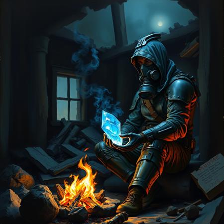 the art is painted with oil paints
A man is sitting in a ruined house, post-apocalypse
dark atmosphere
He is wearing light armor, a hood, and a gas mask.
He holds a blue glowing crystal-artifact in his hand and looks at it
campfire
good quality and clarity, high resolution, high resolution textures
