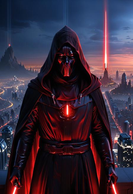 score_9, score_8_up, score_7_up, score_6_up, score_5_up, score_4_up, (absurdres, best quality, masterpiece:1.4), illustration, photorealistic, cinematic lighting, dynamic angle, perfect composition, dark robes, hooded silhouette, distant city lights, towering buildings, Coruscant, futuristic cityscape, night, red glow, evil aura, Sith Lord