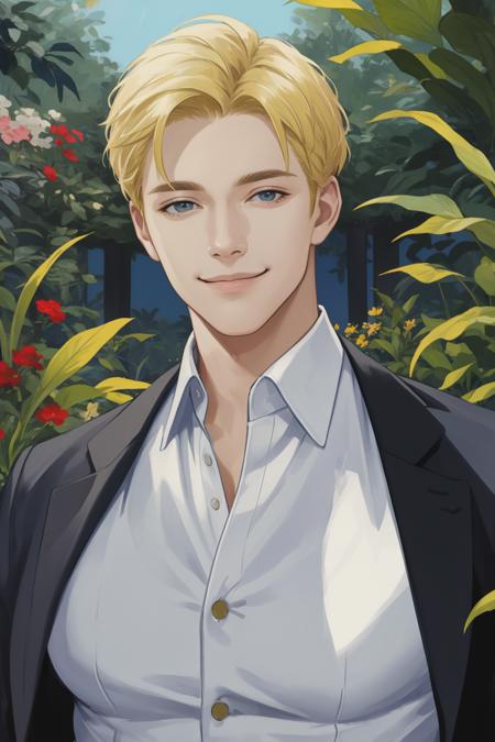 masterpiece, best quality, realistic, 1man, male focus, mature, tall muscular, handsome, [thick eyebrows], smile, suit, portrait, extremely detailed face, (blonde hair), (short hair), botanical garden