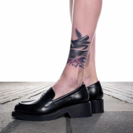 best quality, 4k, 8k, ultra highres, raw photo in hdr, sharp focus, intricate texture, skin imperfections, dtshoes, black shoes, BlackLoafers, 1girl, (tattoo:1.5), lower body, shoes, solo, legs, (street background:2), <lora:Madden_Girl-000012:0.8>