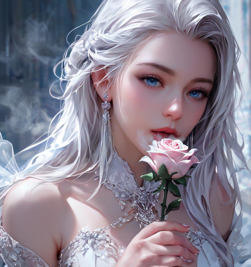 score_9, score_8_up, score_7_up, (best quality:1.4), masterpiece, extremely detailed, high resolution, the girl is facing me, beautiful  blue eyes, perfect lips, long white hair, incredible long hair, holding a rose in her hands, hands in front of her, palms pressed together,open lips,upper body, BREAK  (blows air, blows smoke onto the rose, blowing on rose, warms the rose:1.2), frost, (soft steam between the mouth and the rose:1.4), severe frost, blizzard, (realistic:1.3),