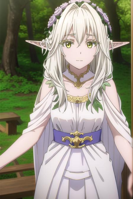 forestprincess, <lora:forest princess s2-lora-nochekaiser:1>,
forest princess, long hair, hair ornament, hair between eyes, (yellow eyes:1.3), white hair, flowers, pointy ears, hair flower, rose, hair intakes, elf, smile,
BREAK dress, collarbone, white dress,
BREAK outdoors, trees, forest, sky, grass, clouds,
BREAK looking at viewer, (cowboy shot:1.5),
BREAK <lyco:GoodHands-beta2:1>, (masterpiece:1.2), best quality, high resolution, unity 8k wallpaper, (illustration:0.8), (beautiful detailed eyes:1.6), extremely detailed face, perfect lighting, extremely detailed CG, (perfect hands, perfect anatomy),