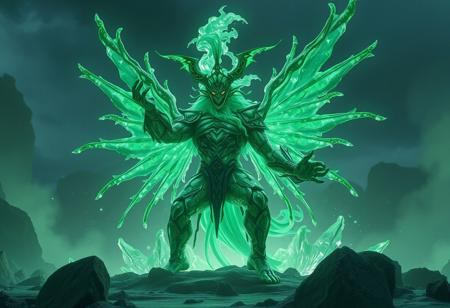 Create a hyper-detailed, 4K, HD image of a Celtic Guardian transforming into his final form on a Dark Factory of Mass Production backdrop. Incorporate ice needles, heavy green coloration, and an official details render aesthetic reminiscent of a trending Instagram image. The scene should feature a portcullis, pointé pose, open mouth, and a liquid headdress with a shockwave effect. Primarily focus on the golden ratio, micro details, lifelike details, and cinematic lighting typical of a flagship anime studio staff. The image should evoke a sense of a glorious, gorgeous nebula being born, specifically leveraging Octane render and post-processing techniques.