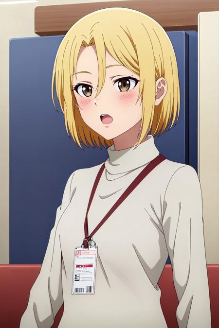 (exceptional, best aesthetic, new, newest, best quality, masterpiece, extremely detailed), <lora:Chinatsu:0.6>,Chinatsu, 1girl, blonde hair, solo, open mouth, short hair, brown eyes, upper body, indoors, lanyard, id card, hair between eyes, bangs, sweater, blush, long sleeves, turtleneck