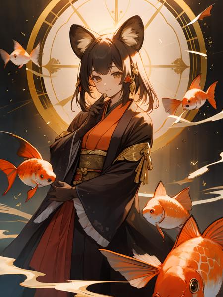 masterpiece,best quality,highres,cinematic lighting,dramatic angle,1girl,<lora:ShadowverseHozumi:0.8> ,1girl,animal ears,japanese clothes,black open jacket,obi,smile,hand on own cheek,looking at viewer,black hair,brown eyes,bamboos,goldfish,dynatic pose,cowboy shot,KIND,gold-trimmed,magic,multicolored hair,white hair,frills,claws,elbow gloves,(open mouth:0.43),magic,feast,foods