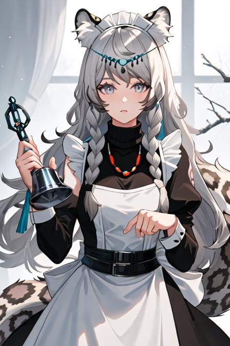 best quality, masterpiece, highres, solo, {maid:1.40}, {long maid dress:1.15}, {pramanix_arknights:1.15}, long_hair, animal_ears, braid, leopard_ears, animal_ear_fluff, grey_eyes, twin_braids, bangs, grey_hair, jewelry, white_hair, necklace, tail, upper_body, turtleneck, leopard_tail, hair_between_eyes, bell, very_long_hair