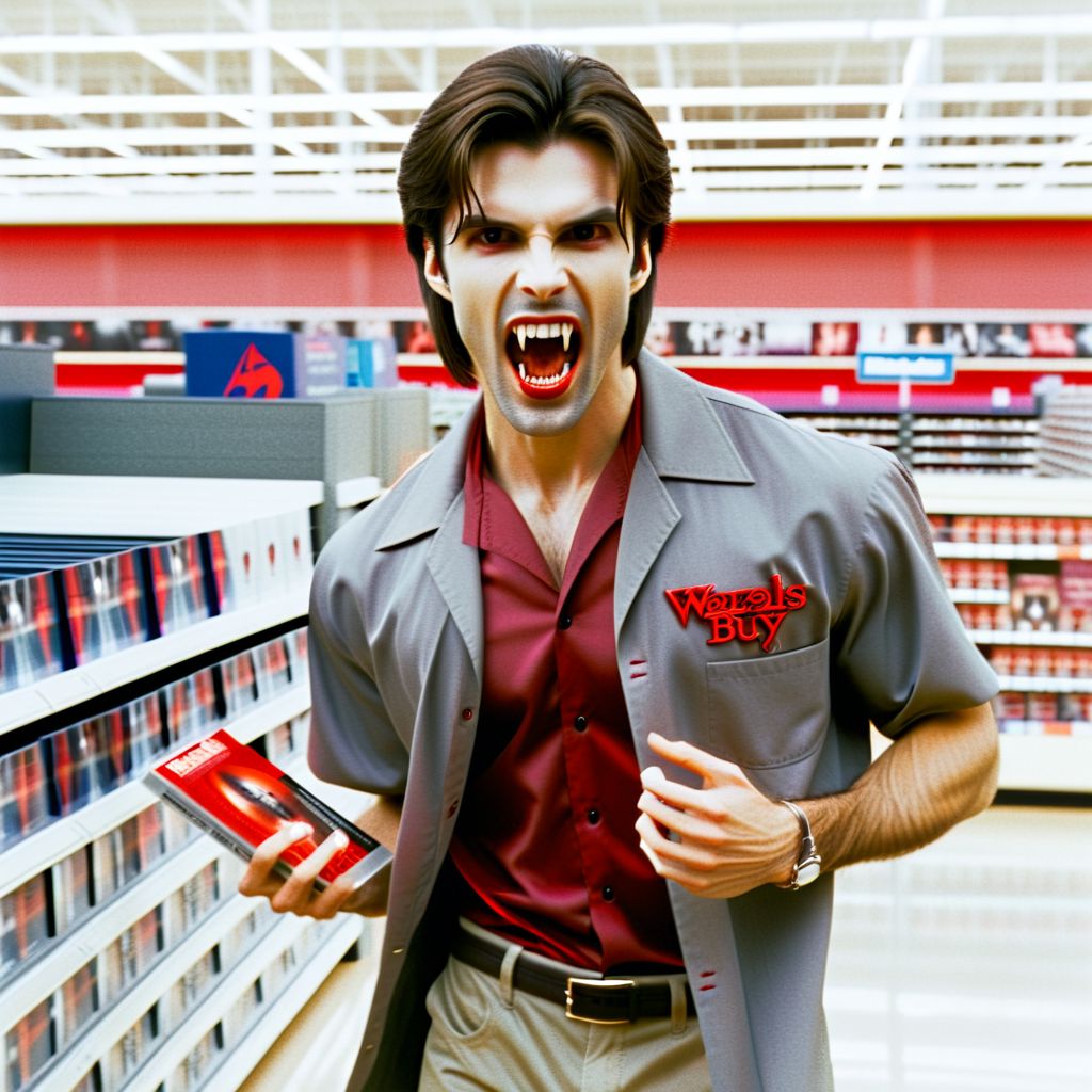 Vampyfangs1. a film still photo. 35mm. 4k. From a 2003 movie. A brown haired vampire man wearing a Grey and red bowling shirt and Khaki pants is showing off his fangs, he is walking around a Best Buy. Looking at a DVD case.
