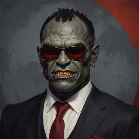 closeup portrait of a orc wearing black suit, highly detailed, evocative, high contrast, red and gray color blocks as the background, retro style sunglasses, smile face, gray skin face