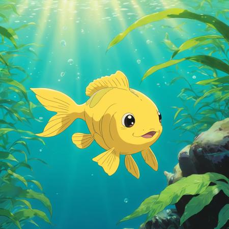 A cute yellow fish in the water,
, StdGBRedmAF, Studio Ghibli, <lora:StdGBRedmAFPashDebiCOMTE:1>