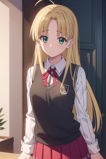 asiaargento, <lora:asia argento anime s1-lora-nochekaiser:1>,
asia argento, long hair, blonde hair, (green eyes:1.3), (parted bangs:1.5), ahoge, smile, (small breasts:1.2),
BREAK skirt, shirt, long sleeves, ribbon, school uniform, pleated skirt, vest, red skirt, sweater vest,
BREAK indoors, classroom,
BREAK looking at viewer, (cowboy shot:1.5),
BREAK <lyco:GoodHands-beta2:1>, (masterpiece:1.2), best quality, high resolution, unity 8k wallpaper, (illustration:0.8), (beautiful detailed eyes:1.6), extremely detailed face, perfect lighting, extremely detailed CG, (perfect hands, perfect anatomy),