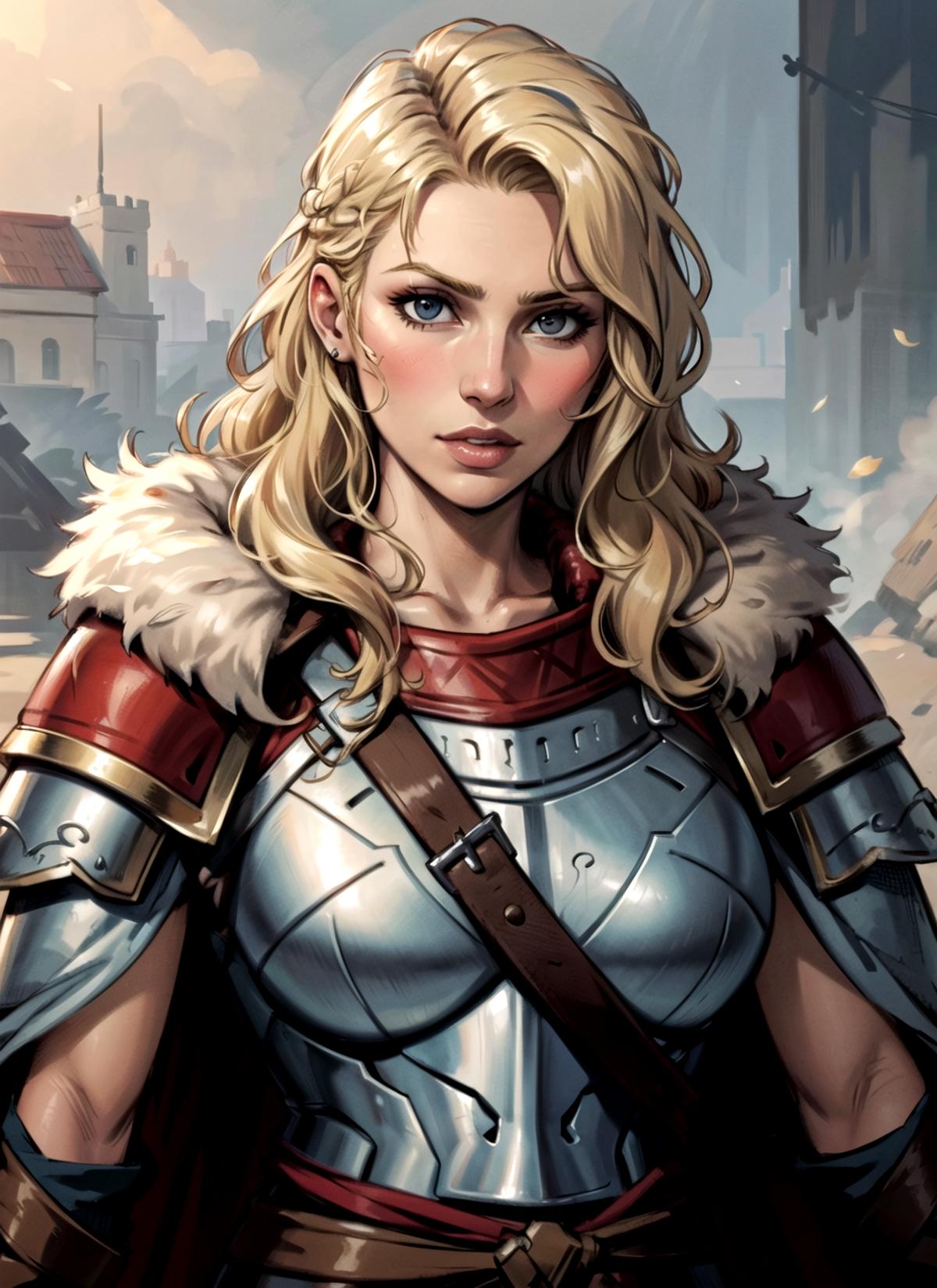 A beautiful blonde woman wearing a medieval armor and holding a sword.