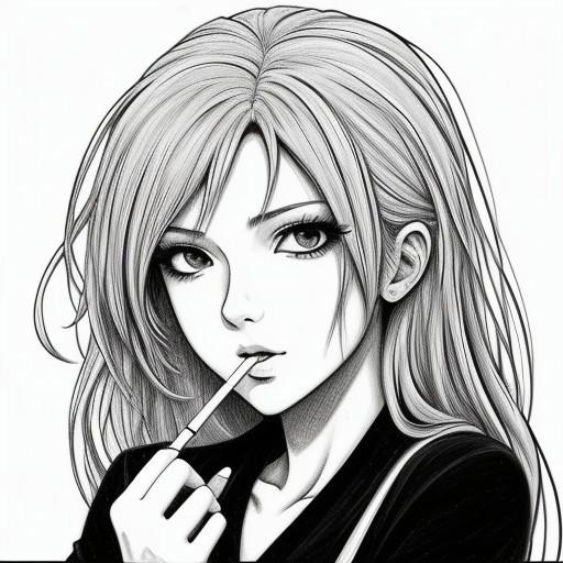 ink. Pencil black and white
Beautiful girl redhead anime style. Anime style. Smoking. Mature content. Black, white, red, orange colors. Shapes and dynamic in background Outlines -- --