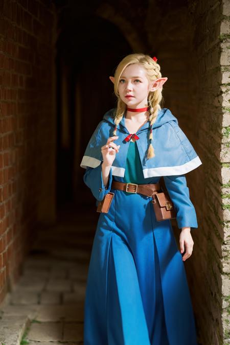 masterpiece, best quality,  <lora:marcille:1>,(photoshop \(medium\):1.4),
1girl,elf,blonde hair,long hair,braid,twin braids, pointy ears, green eyes, choker,capelet, dress,belt,pouch,