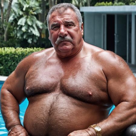 ((romantic flirty expression, intimate, cinematic hazey atmosphere, arthouse movie, dark, nighttime, night, dark shadows, photograph, romantic movie scene)), old mature chubby obese greek strongman man, old turkish musclechub daddy, tanned skin, sweaty skin, sweating, oily skin, extremely hairy, hairy chest, hairy arms, hairy shoulders, doublechin, fat arms, big arms, gigantic biceps, hairy armpits, handsome chubby old face, loving expression, flirty smirk, white latex undershirt muslceshirt tanktop, golden jewellery, chunky golden rings, gold earring, in a dark swimmingpool at night, nighttime, dim, janitor, hobo, construction worker, trucker, brute, wise, barbarian, berserker, leader, boss, ((flexing his massive biceps, tanned old bodybuilder)), ((masculine manly chubby face, extremely intimate sensual expression, loving expression)), (((relaxed pose, sitting near the pool)))