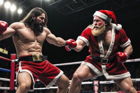 Jesus fighting agsinst Santa Clause in a brutal, bloody, bareknuckle cagefight in front of a crowd