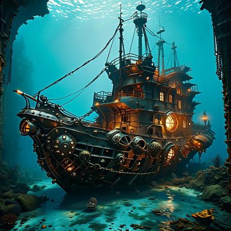 Realistic steampunk-style image: a giant nautilus (ship) made of steel, iron and cast iron, floating in the depths of the ocean. Its shell is covered with massive metal plates, rivets and patterns resembling gears. Its tentacles are mechanical, with elements of forged metal and smoking pipes. All around are the dark waters of the ocean, illuminated by the dim light of underwater lanterns mounted on the nautilus. The wreckage of ancient ships and rusty chains can be seen on the bottom. The overall atmosphere is mysterious and gloomy, with accents on industrial aesthetics and the mystery of the depths. Style: hyperrealism with elements of fantasy