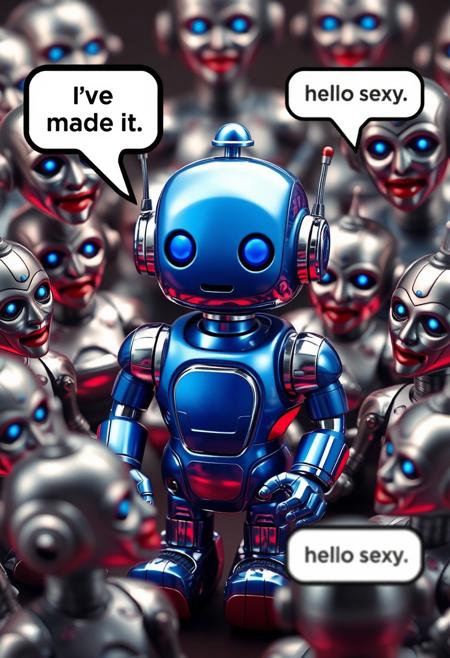 Little civitai robot surrounded by scammer bots. The civitai robot is blue made of metal with a friendly appearance and rounded shapes. It says in a text bubble "I've made it". The scammer bots around the robots are metal floating robot heads with heavy makeup and red lipstick, they all talk in text bubbles that say "hello sexy"