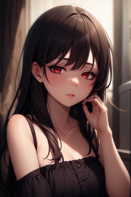 (masterpiece, best quality:1.2), extremely detailed, ambient soft lighting, 4K, quality,
1girl, solo, upper body, close-up face,
red eyes, long eyelashes, thick eyelashes, half-closed eyes, looking at viewer,
<lora:half-closed eyes:1>