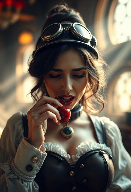 A realistic photo of a steampunk woman with huge brests eating a cherry, looks in pain, ray of light