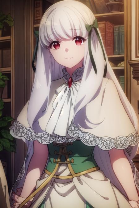 sophiaascart, <lora:sophia ascart s2-lora-nochekaiser:1>,
sophia ascart, long hair, bangs, (red eyes:1.3), bow, ribbon, hair ribbon, white hair, hair bow, black bow, smile,
BREAK dress, brooch, green dress, capelet, ascot, white ascot, gemstone, red gemstone,
BREAK indoors,
BREAK looking at viewer, (cowboy shot:1.5),
BREAK <lyco:GoodHands-beta2:1>, (masterpiece:1.2), best quality, high resolution, unity 8k wallpaper, (illustration:0.8), (beautiful detailed eyes:1.6), extremely detailed face, perfect lighting, extremely detailed CG, (perfect hands, perfect anatomy),